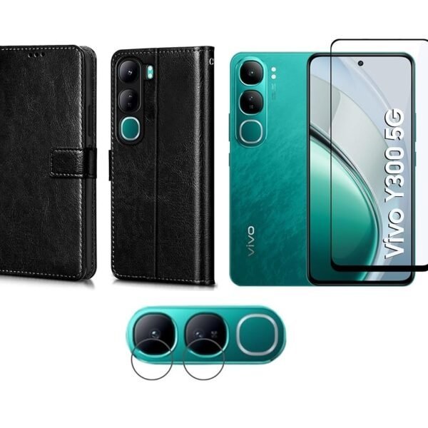 Combo pack Vivo Y300 5G Flip Cover (Black) + Tempered Glass + Camera Lens Protector | Leather Wallet Case with Stand & Card Slots