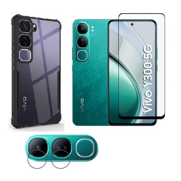 Combo Vivo Y300 5G Back Cover Combo | Slim Eagle Design Case with 360° Camera Bump Protection + Tempered Screen Glass + Camera Lens Protector