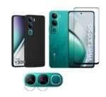 Vivo Y300 5G Back Cover Combo | Matte Silicone Flexible Case with Camera Protection (Black) + Tempered Screen Glass + Camera Lens Protector