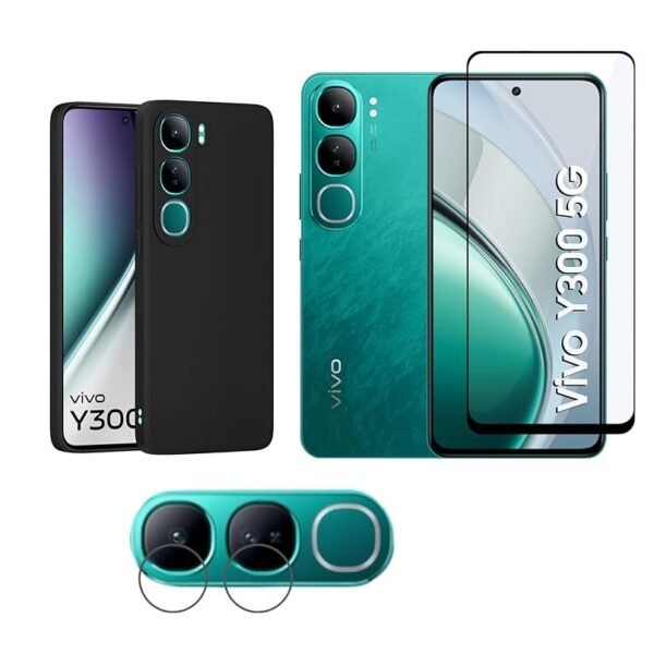 Vivo Y300 5G Back Cover Combo | Matte Silicone Flexible Case with Camera Protection (Black) + Tempered Screen Glass + Camera Lens Protector