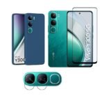 Vivo Y300 5G Blue Silicone Case Combo | Camera Protection Back Cover + Tempered Screen Glass + Camera Lens Glass