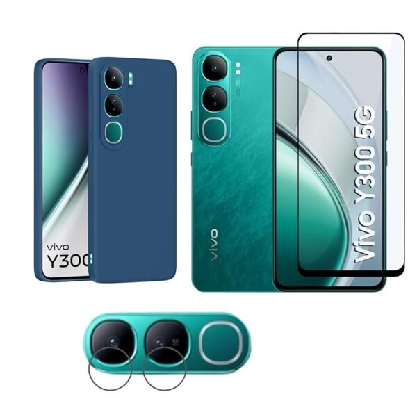 Vivo Y300 5G Blue Silicone Case Combo | Camera Protection Back Cover + Tempered Screen Glass + Camera Lens Glass