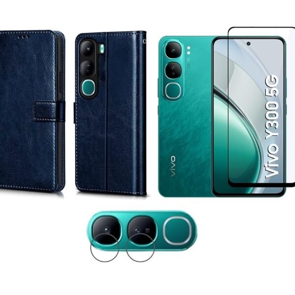 Combo Vivo Y300 5G Flip Cover Combo | Leather Wallet Case with Card Pockets & Stand (Blue) + Tempered Screen Glass + Camera Lens Protector