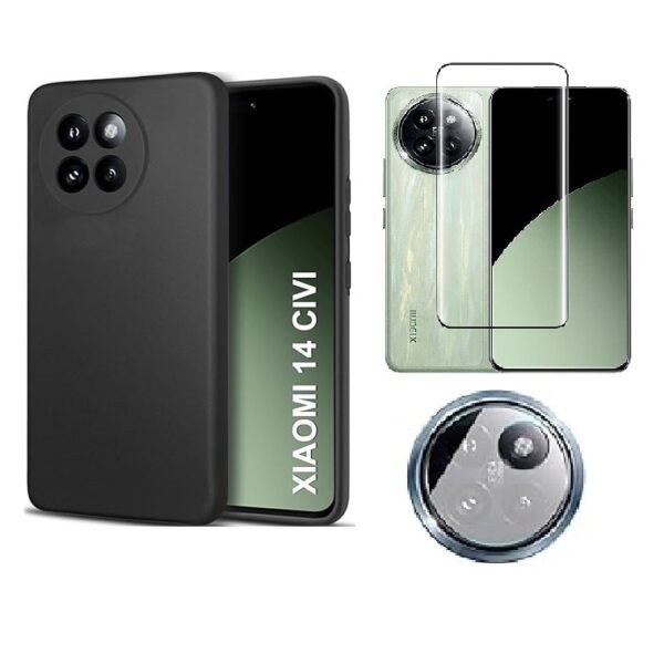 3 in 1 Combo Pack for Xiaomi 14 Civi 5G – Silicone Black Cover (Back Cover + Camera Lens Protector + Tempered Glass)