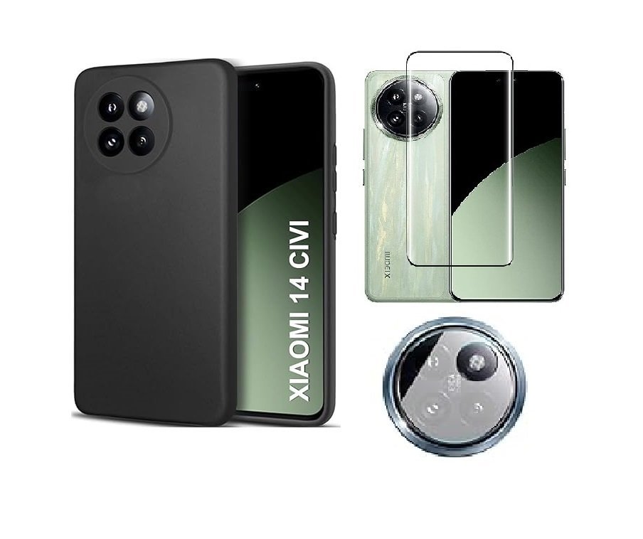 3 in 1 Combo Pack for Xiaomi 14 Civi 5G – Silicone Black Cover (Back Cover + Camera Lens Protector + Tempered Glass)