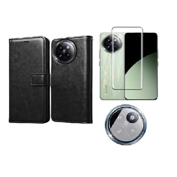 3 in 1 Combo Pack for Xiaomi 14 Civi 5G – Flip Black Cover (Back Cover + Camera Lens Protector + Tempered Glass)
