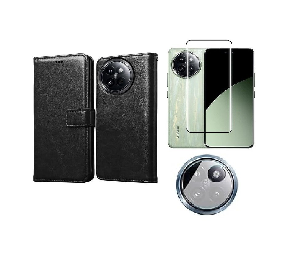 3 in 1 Combo Pack for Xiaomi 14 Civi 5G – Flip Black Cover (Back Cover + Camera Lens Protector + Tempered Glass)