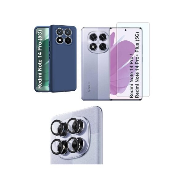 Mi Redmi Note 14 Pro 5G / Poco X7 5G Silicone Blue Back Cover Case | 3-in-1 Combo (Tempered Glass & Camera Lens)