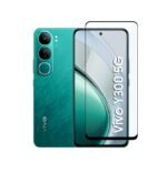 Combo Vivo Y300 5G Flip Cover Combo | Leather Wallet Case with Card Pockets & Stand (Blue) + Tempered Screen Glass + Camera Lens Protector