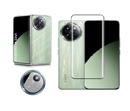 3 in 1 Combo Pack for Xiaomi 14 Civi 5G – Silicone Transparent Cover (Back Cover + Camera Lens Protector + Tempered Glass)