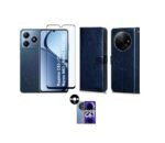 Poco C61 5G Flip Case Leather Finish (Blue) + Tempered Glass + Camera Lens Protector | 3-in-1 Combo pack.