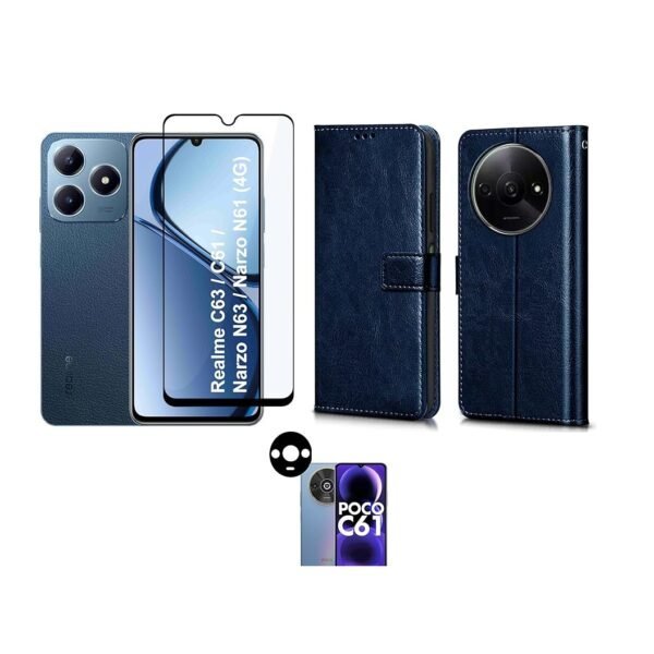 Poco C61 5G Flip Case Leather Finish (Blue) + Tempered Glass + Camera Lens Protector | 3-in-1 Combo pack.