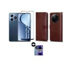 Poco C61 5G Flip Case Leather Finish (Blue) + Tempered Glass + Camera Lens Protector | 3-in-1 Combo pack.