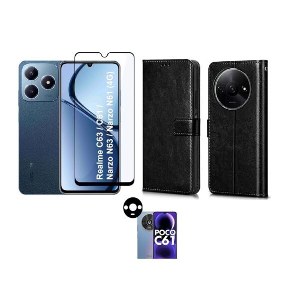 Full-Body Protection Combo for Poco C61 5G: Leather Flip Black Case + Tempered Glass + Camera Lens Guard
