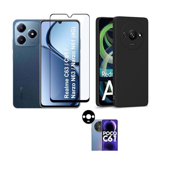 3-in-1 Combo Pack (Silicone Black) Back Case for Redmi A3 / A3x / Poco C61 (4G) + Camera & Screen Protection