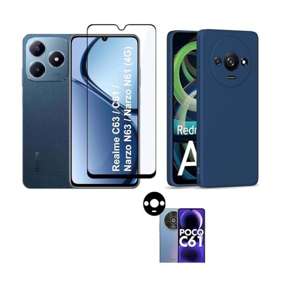 3-in-1  Combo Mi Redmi A3 / A3X / Poco C61 Back Cover Soft Silicon (Blue) + Tempered Glass + Camera Lens Protector |