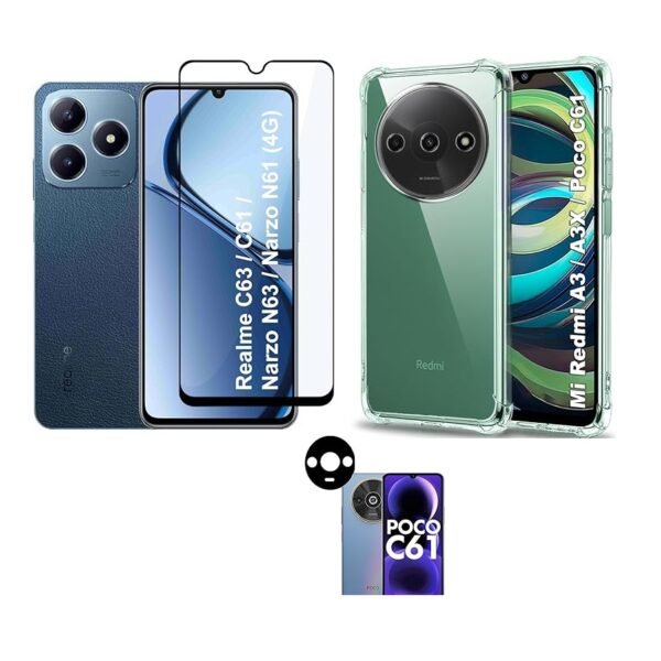 Mi Redmi A3 / A3X / Poco C61 Transparent Soft TPU Back Cover + Tempered Glass + Camera Lens Protector | 3-in-1  Combo pack