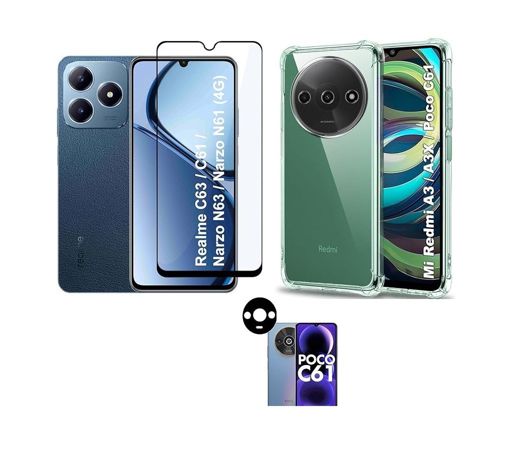 Mi Redmi A3 / A3X / Poco C61 Transparent Soft TPU Back Cover + Tempered Glass + Camera Lens Protector | 3-in-1 Combo pack Mi Redmi A3 / A3X / Poco C61 Transparent Soft TPU Back Cover + Tempered Glass + Camera Lens Protector | 3-in-1 Combo pack