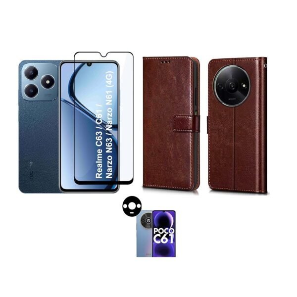 Poco C61 5G Flip Case Leather Finish (Blue) + Tempered Glass + Camera Lens Protector | 3-in-1 Combo pack.