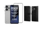 Redmi 13 5G / Poco M6 Plus 5G Flip Cover (Black) – Leather Finish | Tempered Glass + Camera Lens Protector Combo Pack