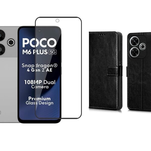 Redmi 13 5G / Poco M6 Plus 5G Flip Cover (Black) – Leather Finish | Tempered Glass + Camera Lens Protector Combo Pack