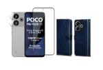 Redmi 13 5G / Poco M6 Plus 5G Flip Cover (Blue) – Leather Finish | Tempered Glass + Camera Lens Protector Combo Pack