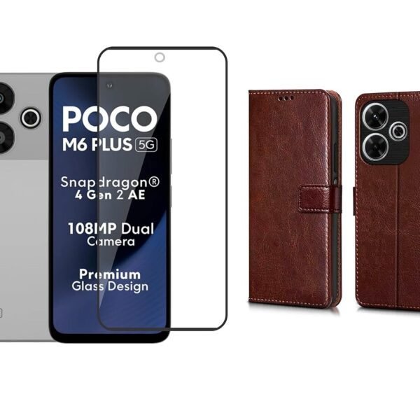 Redmi 13 5G / Poco M6 Plus 5G Flip Cover (Brown) – Leather Finish | Tempered Glass + Camera Lens Protector Combo Pack