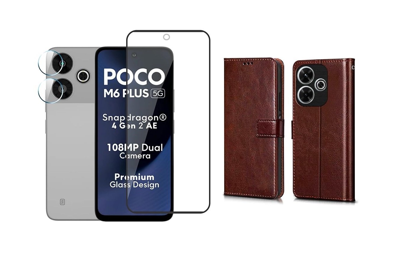 Redmi 13 5G / Poco M6 Plus 5G Flip Cover (Brown) – Leather Finish | Tempered Glass + Camera Lens Protector Combo Pack Redmi 13 5G / Poco M6 Plus 5G Flip Cover (Brown) – Leather Finish | Tempered Glass + Camera Lens Protector Combo Pack