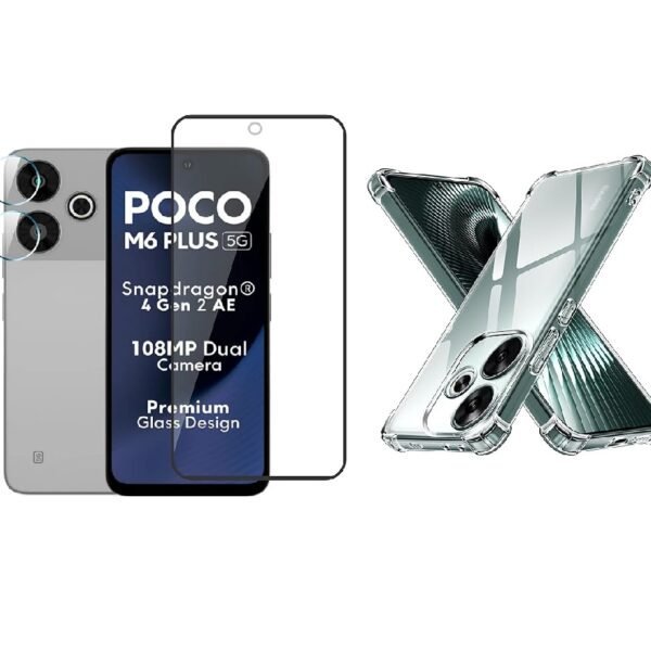 3 in 1 Combo Pack for Poco M6 Plus 5G / Redmi 13 5G – Transparent Back Cover (Back Cover + Camera Lens Protector + Tempered Glass)