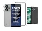 3 in 1 Combo Pack for Poco M6 Plus 5G / Redmi 13 5G – Silicone Black Cover (Back Cover + Camera Lens Protector + Tempered Glass)