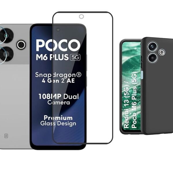 3 in 1 Combo Pack for Poco M6 Plus 5G / Redmi 13 5G – Silicone Black Cover (Back Cover + Camera Lens Protector + Tempered Glass)
