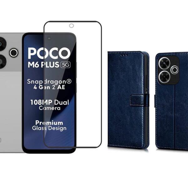 Redmi 13 5G / Poco M6 Plus 5G Flip Cover (Blue) – Leather Finish | Tempered Glass + Camera Lens Protector Combo Pack