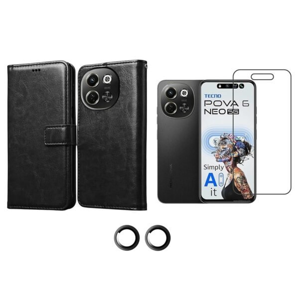 3 in 1 Combo Pack for Tecno Pova 6 Neo 5G – Flip Black (Back Cover + Camera Lens Protector + Tempered Glass)