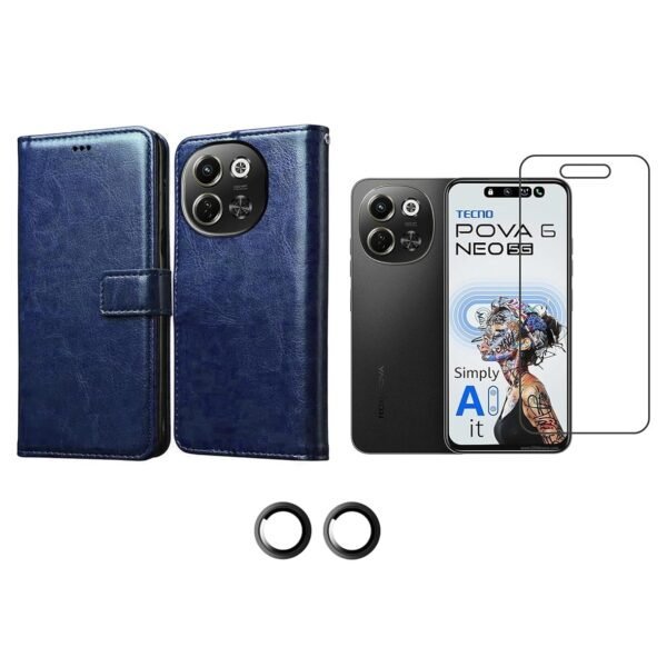 3 in 1 Combo Pack for Tecno Pova 6 Neo 5G – Flip Blue (Back Cover + Camera Lens Protector + Tempered Glass)