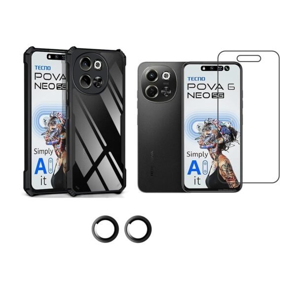 3 in 1 Combo Pack for Tecno Pova 6 Neo 5G – Eagle Black (Back Cover + Camera Lens Protector + Tempered Glass)
