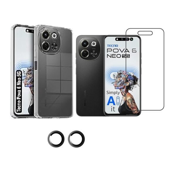 3 in 1 Combo Pack for Tecno Pova 6 Neo 5G – Transparent Cover (Back Cover + Camera Lens Protector + Tempered Glass)