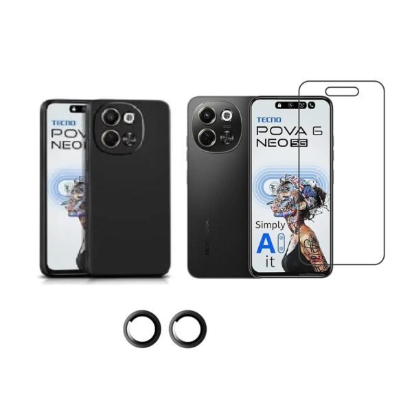 3 in 1 Combo Pack for Tecno Pova 6 Neo 5G – Silicone Black (Back Cover + Camera Lens Protector + Tempered Glass)