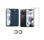 3 in 1 Combo Pack for Tecno Pova 6 Neo 5G – Silicone Blue (Back Cover + Camera Lens Protector + Tempered Glass)