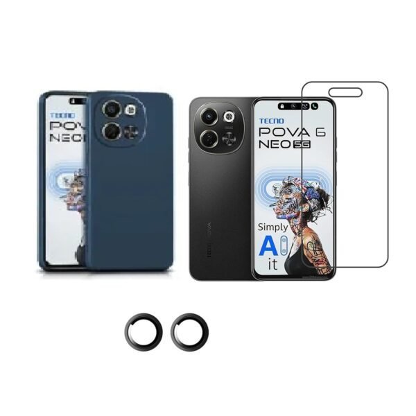 3 in 1 Combo Pack for Tecno Pova 6 Neo 5G – Silicone Blue (Back Cover + Camera Lens Protector + Tempered Glass)