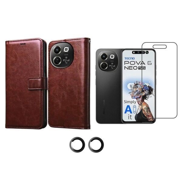3 in 1 Combo Pack for Tecno Pova 6 Neo 5G – Flip Brown (Back Cover + Camera Lens Protector + Tempered Glass)