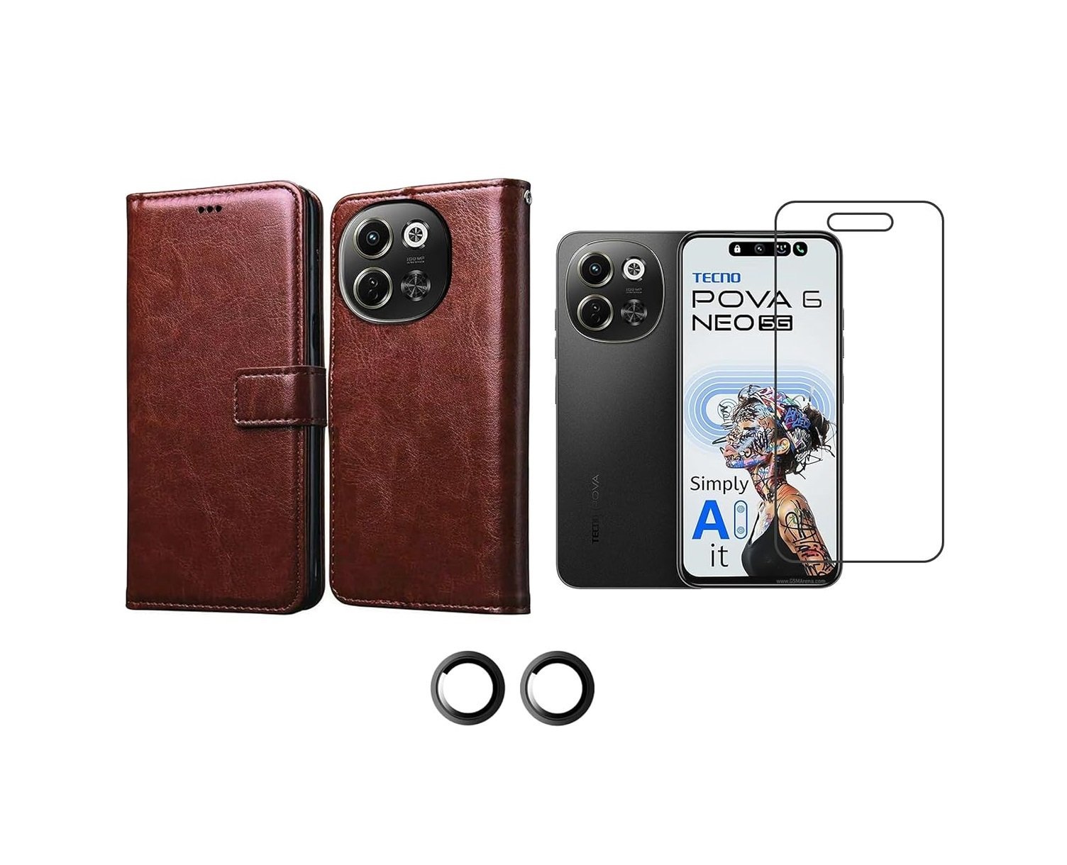 3 in 1 Combo Pack for Tecno Pova 6 Neo 5G – Flip Brown (Back Cover + Camera Lens Protector + Tempered Glass) 3 in 1 Combo Pack for Tecno Pova 6 Neo 5G – Flip Brown (Back Cover + Camera Lens Protector + Tempered Glass)