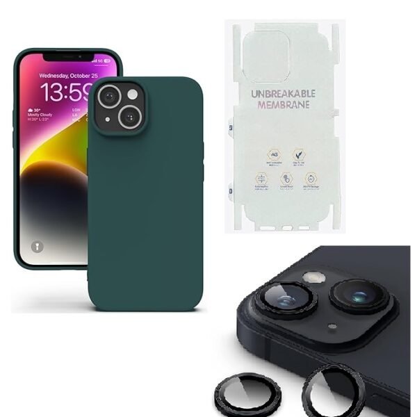 Silicone Bumper Case for iPhone 13 (Dark Green) | Camera Lens (Black) | Matte Finish Back Membrane screen Guard (Pack Of 3) Combo