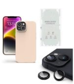 Silicone Bumper Case for iPhone 13 (Light Pink) | Camera Lens (Black) | Matte Finish Back Membrane screen Guard (Pack Of 3) Combo