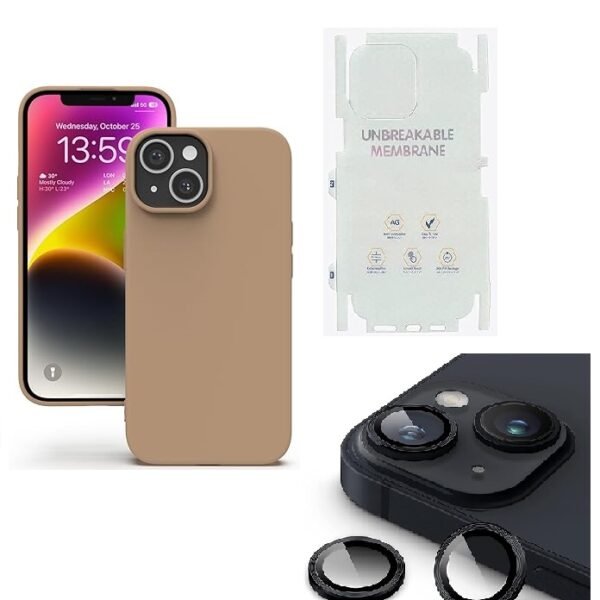 Silicone Bumper Case for iPhone 13 (Brown) | Camera Lens (Black) | Matte Finish Back Membrane screen Guard (Pack Of 3) Combo