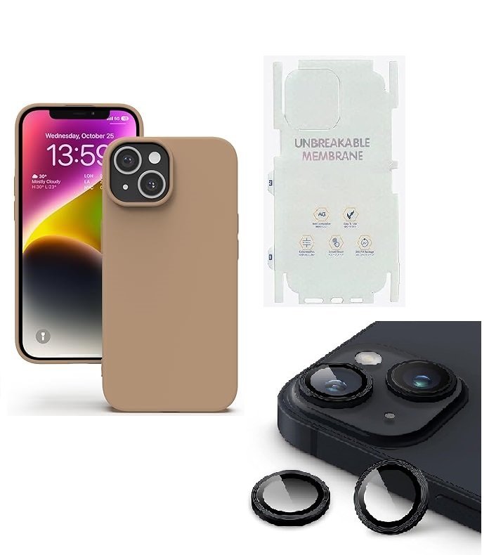 Silicone Bumper Case for iPhone 13 (Brown) | Camera Lens (Black) | Matte Finish Back Membrane screen Guard (Pack Of 3) Combo