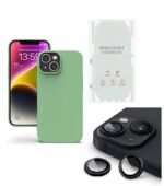 Silicone Bumper Case for iPhone 13 (Mint Green) | Camera Lens (Black) | Matte Finish Back Membrane screen Guard (Pack Of 3) Combo