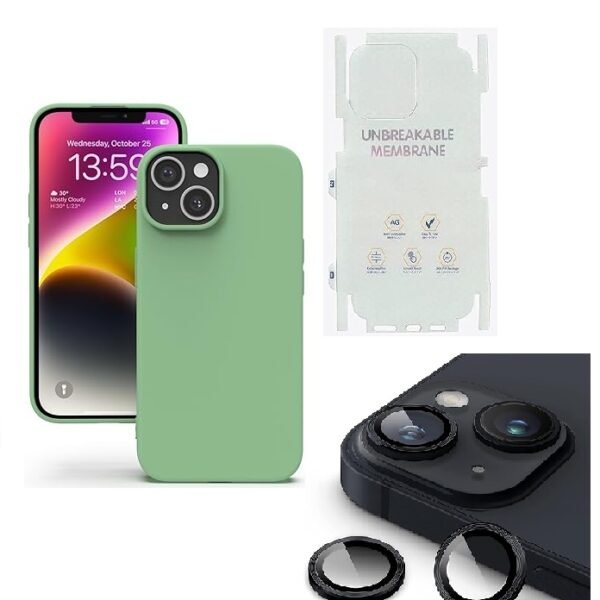 Silicone Bumper Case for iPhone 13 (Mint Green) | Camera Lens (Black) | Matte Finish Back Membrane screen Guard (Pack Of 3) Combo