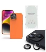 Silicone Bumper Case for iPhone 13 (Orange) | Camera Lens (Black) | Matte Finish Back Membrane screen Guard (Pack Of 3) Combo