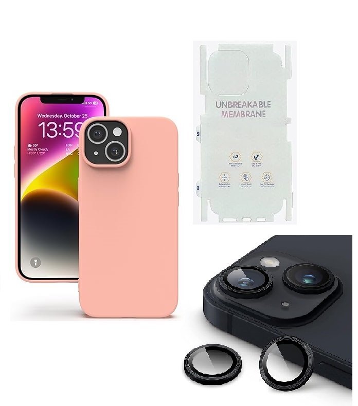Silicone Bumper Case for iPhone 13 (Pink) | Camera Lens (Black) | Matte Finish Back Membrane screen Guard (Pack Of 3) Combo