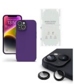 Silicone Bumper Case for iPhone 13 (Purple) | Camera Lens (Black) | Matte Finish Back Membrane screen Guard (Pack Of 3) Combo